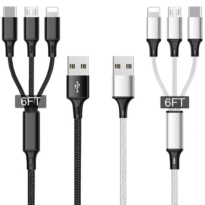 Multi USB Charging Cable 3A, (2Pack 6.6FT)3 in 1 Fast Charger Cord Connector with Dual Phone/Type C/Micro USB Port Adapter, Compatible with Tablets Phone 12 11 Pro 8 7 6 Samsung Galaxy(Charging Only)