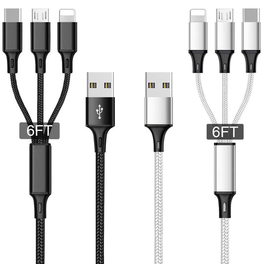 Multi USB Charging Cable 3A, (2Pack 6.6FT)3 in 1 Fast Charger Cord Connector with Dual Phone/Type C/Micro USB Port Adapter, Compatible with Tablets Phone 12 11 Pro 8 7 6 Samsung Galaxy(Charging Only)