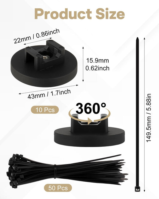 Magnetic Zip Tie Mount Wire Cable Holder, Include 10 Pcs 43mm Magnetic Cable Zip Tie Base with 50 Pcs Heavy Duty Zip, Multipurpose Wire Clips Management Base, Black
