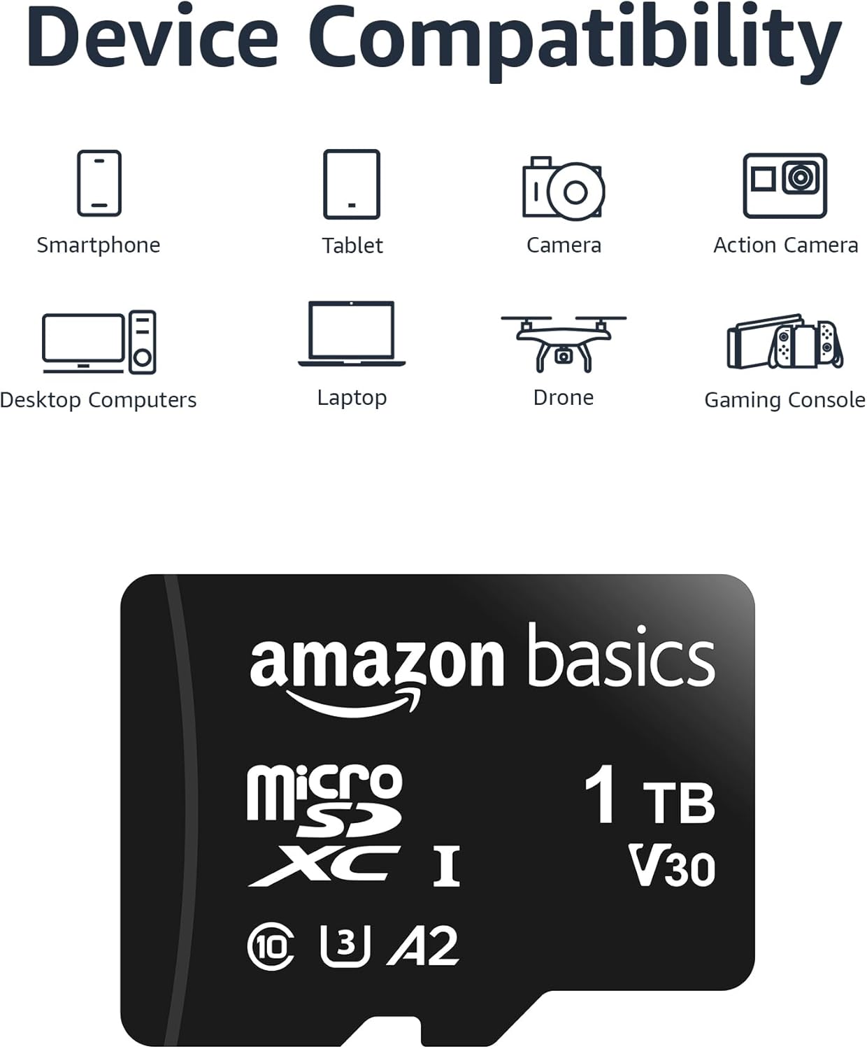 Amazon Basics microSDXC Memory Card with Full Size Adapter, A2, U3, Read Speed up to 100 MB/s, 1 Tb, Black