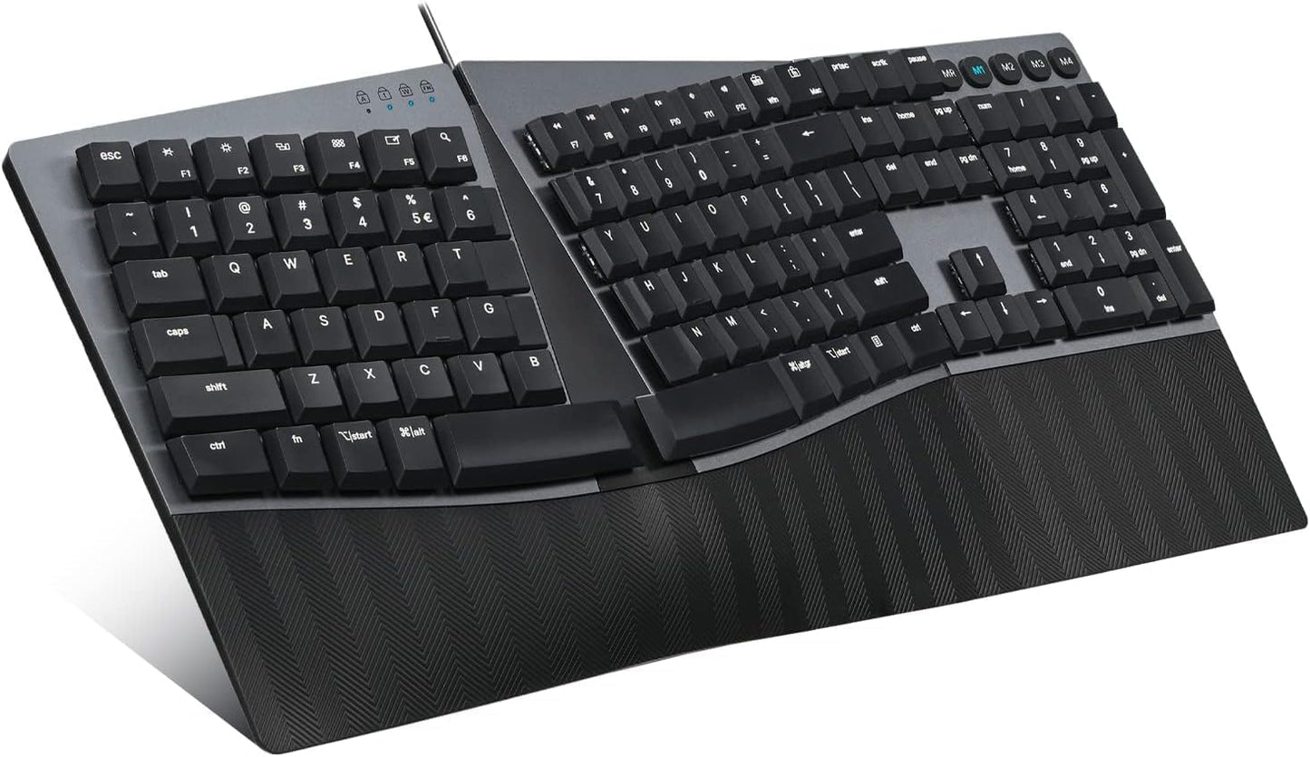 Perixx PERIBOARD-535BL Wired Ergonomic Mechanical Full-Size Keyboard - Low-Profile Blue Clicky Switches Programmable Feature with Macro Keys Compatible Windows and Mac OS X US English, Black