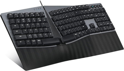Perixx PERIBOARD-535BL Wired Ergonomic Mechanical Full-Size Keyboard - Low-Profile Blue Clicky Switches Programmable Feature with Macro Keys Compatible Windows and Mac OS X US English, Black