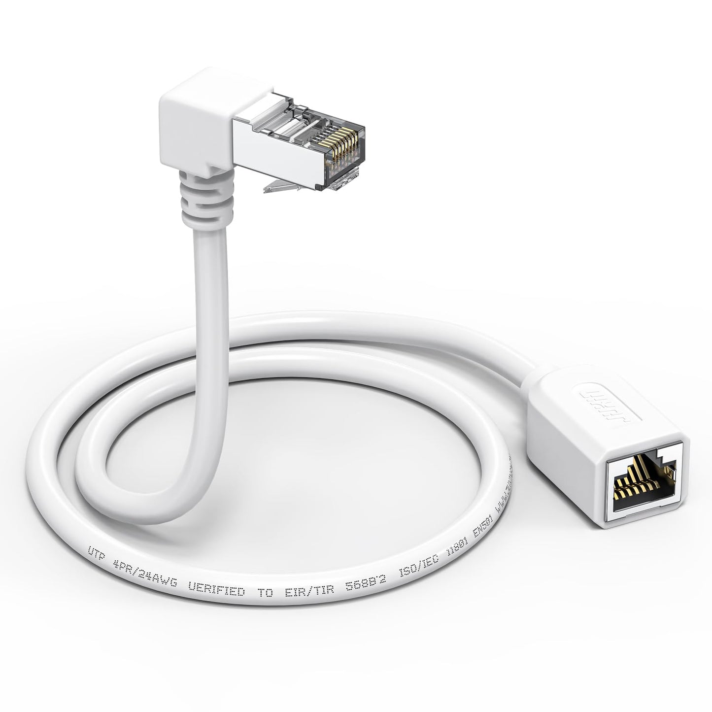 Right Angle Ethernet Extension Cable UPangle 1.5ft-White, 90 Degree CAT6 Ethernet Patch Cable RJ45 LAN Cable Extender Male to Female Connector for Router Modem Smart TV PC Computer Laptop