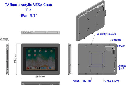 TABcare Anti-Theft Acrylic VESA Enclosure for Apple iPad 5/6 9.7" with Free Wall Mount Kit & 90-Degree Angle Charge Cable (iPad 5/6 9.7", Black)