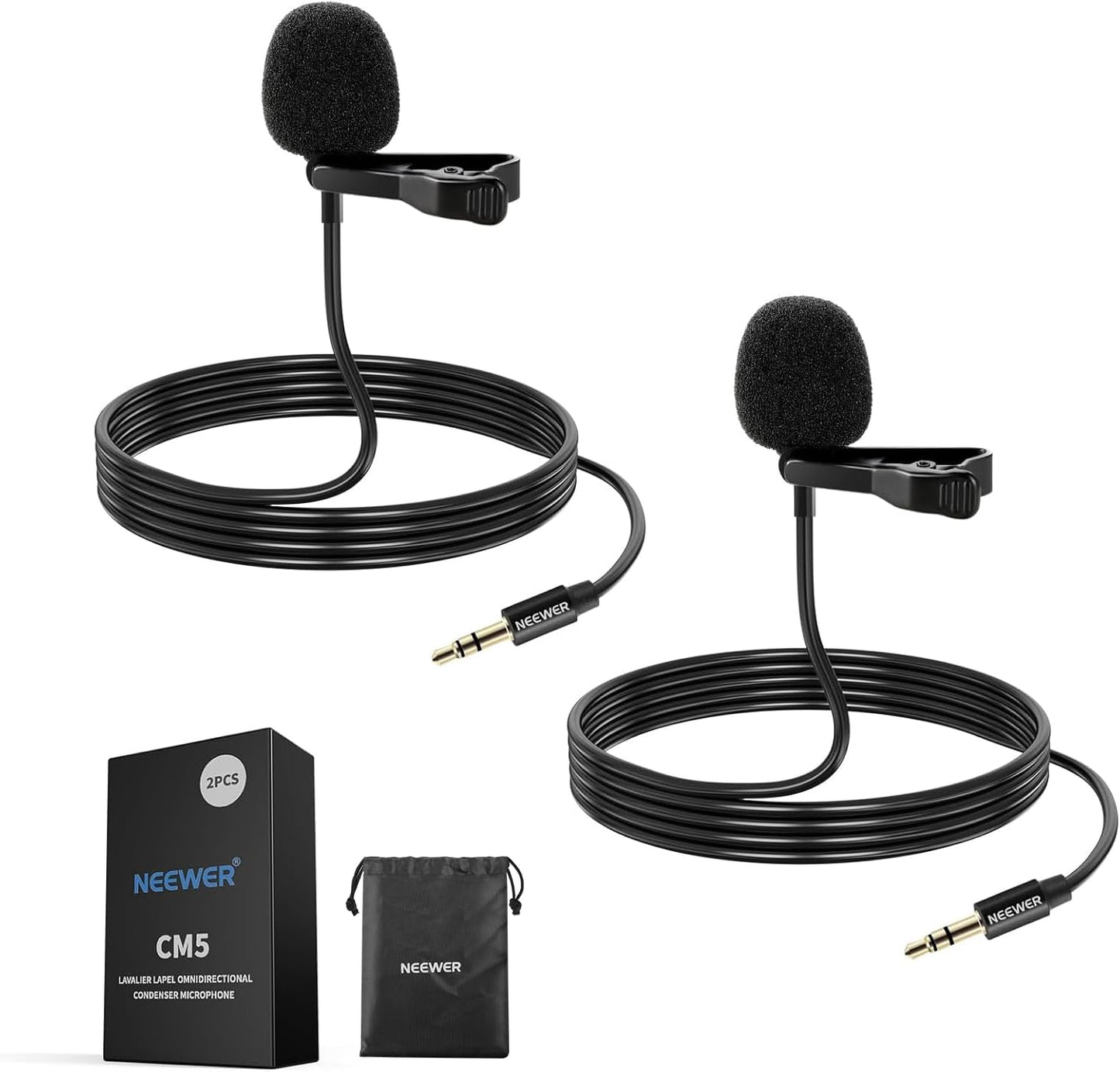 NEEWER Lavalier Lapel Microphone (2 Pack), Omnidirectional Condenser Wired Clip On Lav Mic for Stage YouTube Live Streaming Compatible with Rode Wireless GO II 2 DJI Wireless Mic Transmitter, CM5