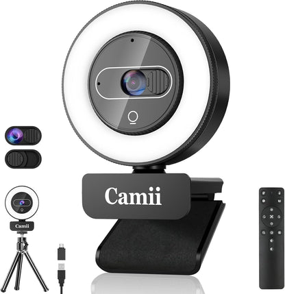 4K Webcam with Light, HD Webcam for PC with Remote Control, Built-in Privacy Cover, Adjustable Brightness, Noise Reduction Mics, for Zoom Skype Teams Laptop and Google Meet