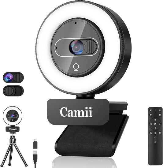 4K Webcam with Light, HD Webcam for PC with Remote Control, Built-in Privacy Cover, Adjustable Brightness, Noise Reduction Mics, for Zoom Skype Teams Laptop and Google Meet