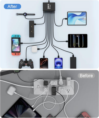 USB C Fast Charger Station with 4 USB Cables, 200W GaN 10 Port Type C Charging Station Hub Block Cube, Wall Charger Power Strip Adapter Plug for iPad iPhone 16 15 14 13 12 Pro Max Pixel Note Galaxy