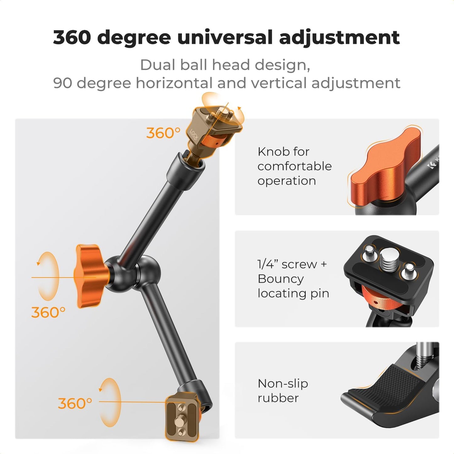 K&F Concept 11" Magic Arm Clamp Kit with 1/4" & 3/8" Thread Screw, Articulating Friction Arm Clamp Camera Mount for Monitor, LED Light, Webcam, Action Camera