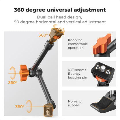 K&F CONCEPT 11" Magic Arm Clamp Kit with ARRI 1/4" & 3/8" Thread Screw 360° Ball Heads Articulating Arm Camera Adapter for DSLR, Monitor, LED Light, Microphone, Camera Cage, Action Camera