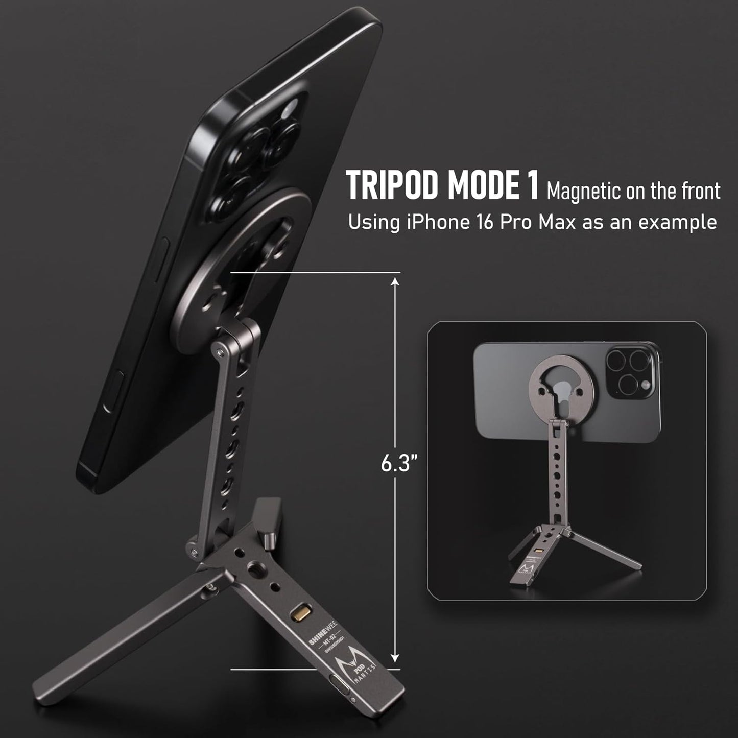 Magnetic Tripod for iPhone 12/13/14/15/16 & MagSafe Cases | Handy Phone Stand | 20 N52 Magnets Inside, Cold Shoe Mount, 1/4" Screw & Foldable Hook