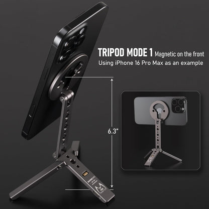 Magnetic Tripod for iPhone 12/13/14/15/16 & MagSafe Cases | Handy Phone Stand | 20 N52 Magnets Inside, Cold Shoe Mount, 1/4" Screw & Foldable Hook