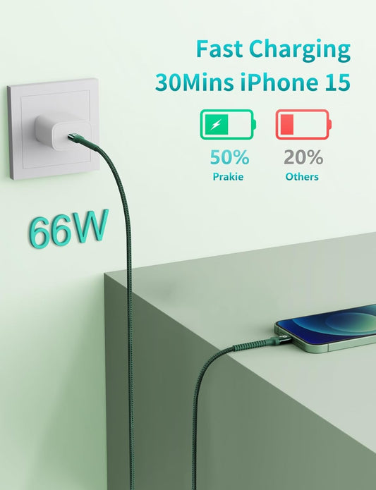 USB C Cable Fast Charging 10FT, 2Pack USBC to USBC Cable, iPhone 16 15 Charger Long Type C Nylon Braided USB-C Charger Cord for iPhone 16/15/Pro Max/Plus/Samsung Galaxy S23/LG/Switch-Green