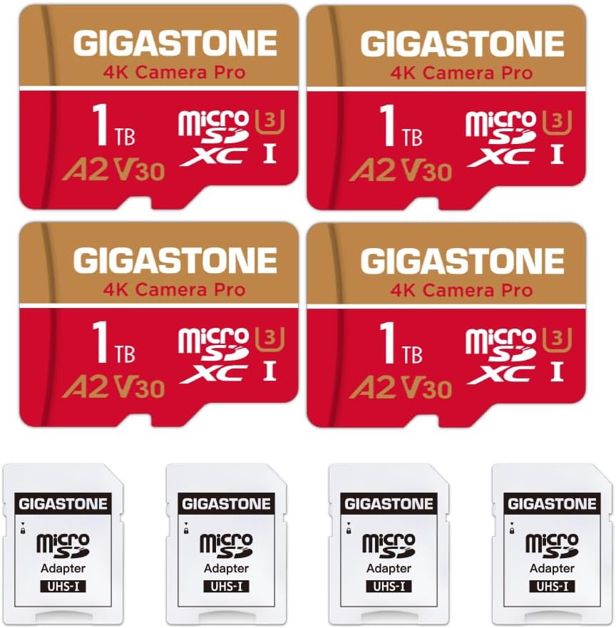 [5-Yrs Free Data Recovery] GIGASTONE 1TB Micro SD Card 4-Pack, 4K Camera Pro, R/W up to 150/130 MB/s, 4K Video Recording for GoPro, DJI, Drone, MicroSDXC Memory Card UHS-I U3 A2 V30, with Adapter