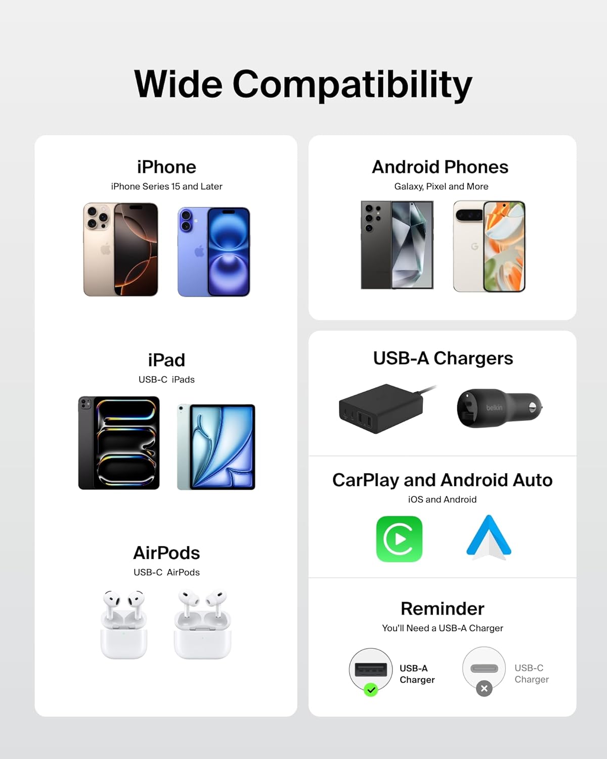 Belkin USB A to USB C Cable, 3.3ft, 15W - Type C Charger, iPhone Charger Cord, Soft, Braided, Flexible for iPhone 16 & 15, Galaxy S25, Pixel 9, iPad Pro, Airpods Pro, Switch & More - White