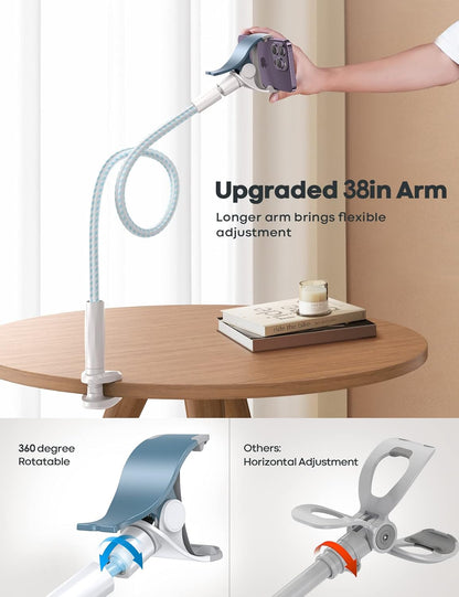 Lamicall Gooseneck Phone Holder Bed - [Nylon Braided] Flexible Arm, Overall Length 38inch, 360 Adjustable Clamp Clip, Overhead Cell Phone Mount Stand for Bed, Blue White
