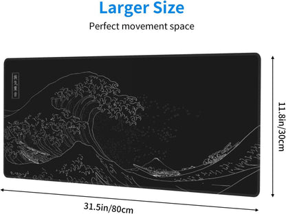 Japanese Gaming Mouse Pad Black Mouse Pad Kanagawa Large Mousepad Non-Slip Rubber Base Waterproof with Stitched Edges for Gaming Office Home, 31.5x11.8 Inch (Black Wave)