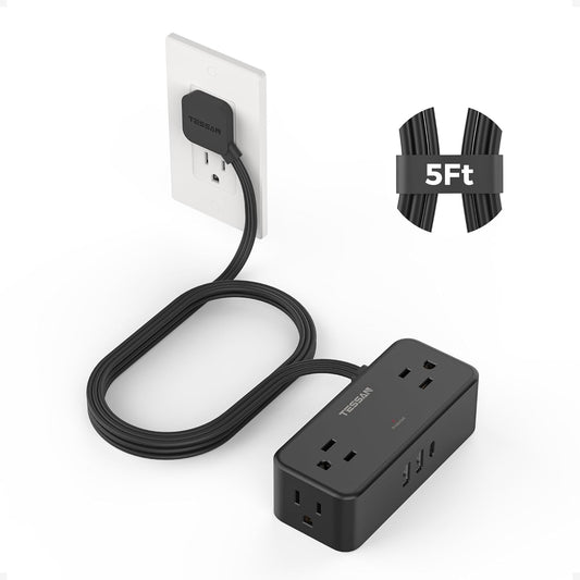 TESSAN Black Extension Cord 5 Ft, Flat Surge Protector Power Strip with 4 Wide Spaced AC Outlets 3 USB Ports (1 USB C), Ultra Thin Flat Plug with 900J Surge Protection, Office Dorm Room Essentials