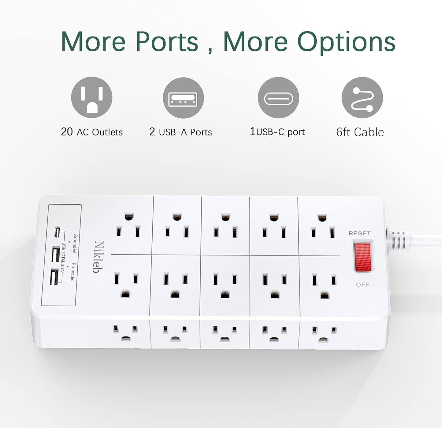 Power Strip Surge Protector 23 in 1, 6ft Extension Cord with 3 USB Ports Smart 3.1A, Multiple Outlet Adapter 20 Outlets, Outlet Extender Cord Organizer for Office, College, Apartment, Gaming Stuff