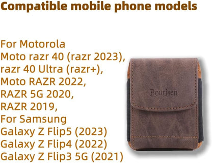 Universal Phone Holster Phone Pouch Case Belt Clip Belt Loops Card Slot Faux Leather for Man for Samsung Galaxy Z Flip 5/4/3 Motorola Razr Plus Razr+ 2023 (Brown&Yellow, XS(3.7"x3.1"x1.1"))