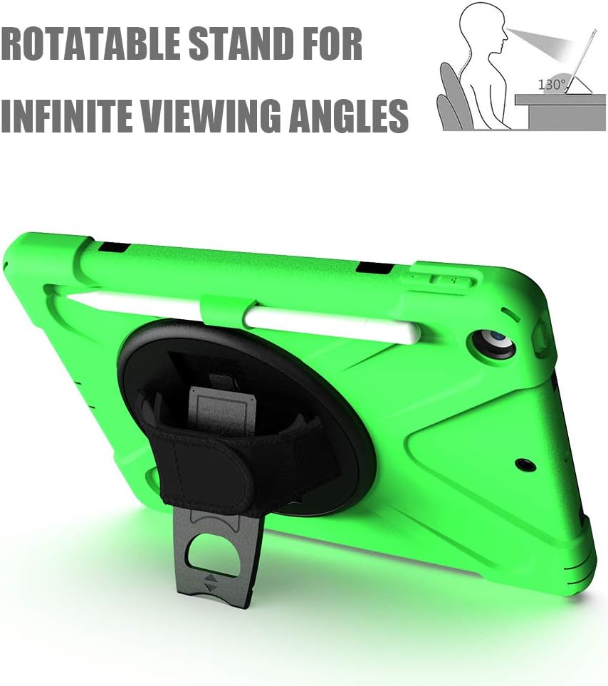 ZenRich Shockproof Case for iPad 9th/8th/7th Generation 10.2 inch 2021/2020/2019, Heavy Duty Rugged Case with Pencil Holder/360° Rotating Kickstand/Handle/Carrying Strap, Green