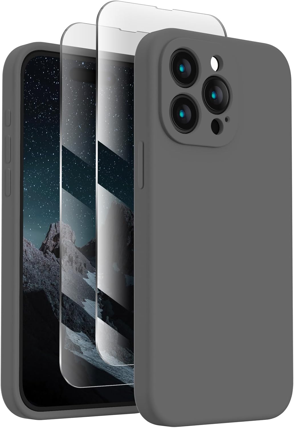FireNova Designed for iPhone 15 Pro Case, Silicone Upgraded [Camera Protection] Phone Case with [2 Screen Protectors], Soft Anti-Scratch Microfiber Lining Inside, 6.1 inch, Space Gray