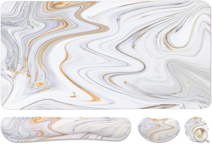 4-in-1 Large Gaming Mouse Pad, Keyboard Wrist Rest Pad & Wrist Support Mousepad Set, Extended Desk Pad Waterproof Desk Mat for Home Office Study Game - White Marble