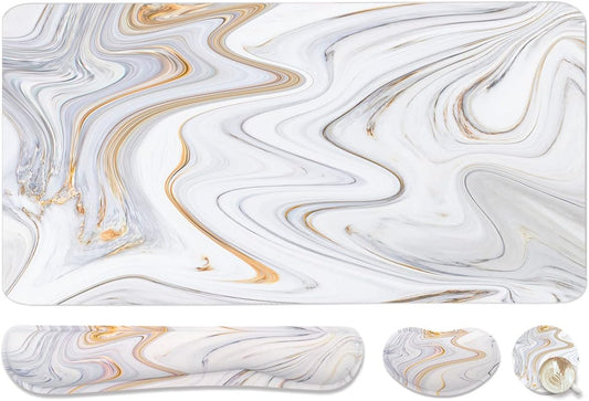 4-in-1 Large Gaming Mouse Pad, Keyboard Wrist Rest Pad & Wrist Support Mousepad Set, Extended Desk Pad Waterproof Desk Mat for Home Office Study Game - White Marble