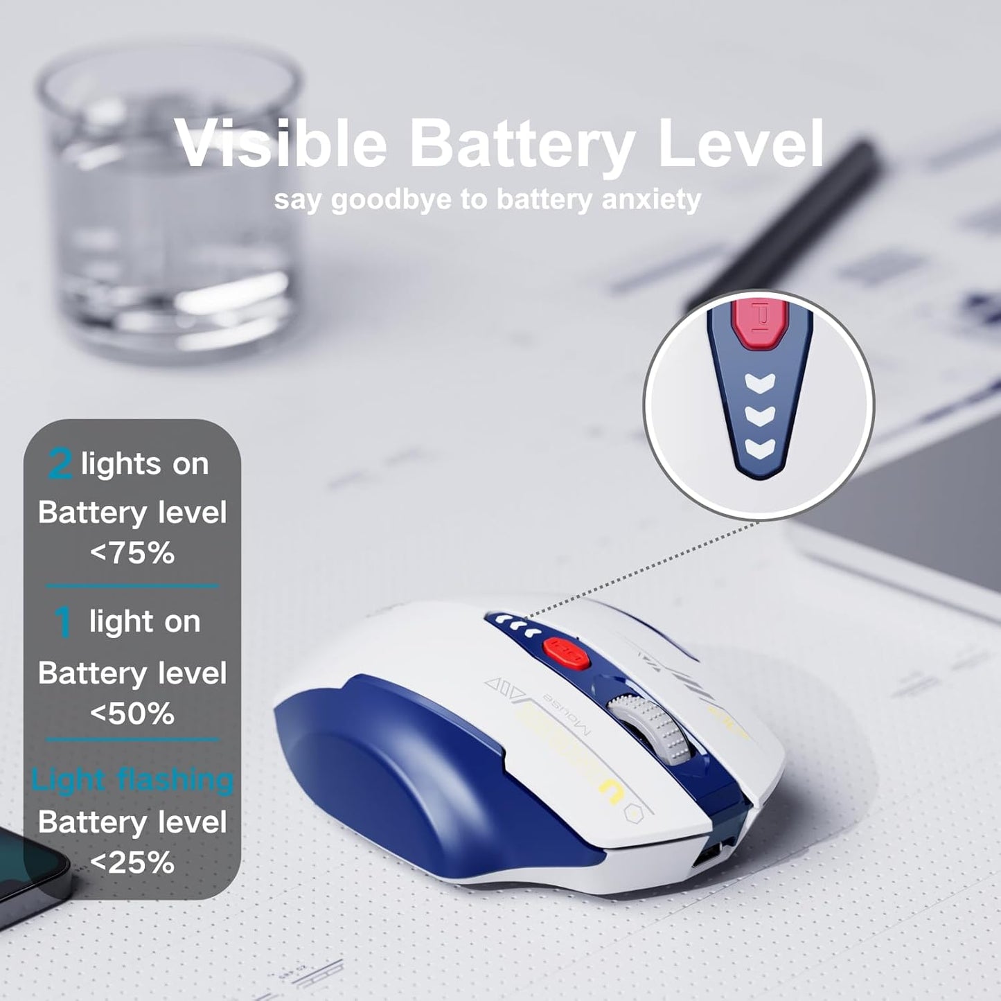 Wireless Mouse, [Upgraded] Visible Battery Display，Rechargeable Laptop Mouse Wireless 2.4G USB, 4 Adjustable DPI Levels,Optical Mouse Wireless for Laptop PC Computer,White and Blue