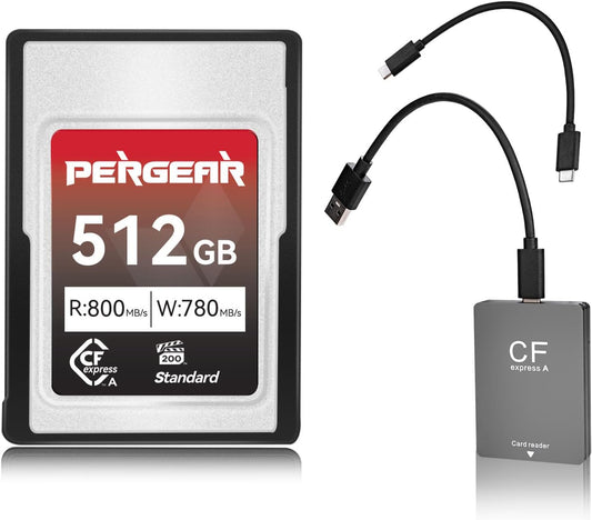 Pergear 512GB CFexpress Type A Memory Card, Up to 800MB/s Read Speed & 780MB/s Write Speed for 4K 120P, 8K 30P Recording,with Card Reader