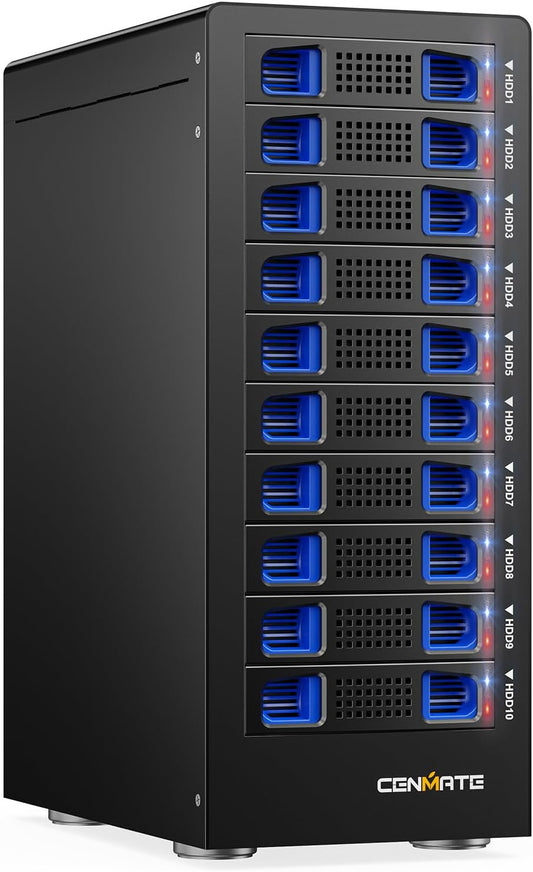 10 Bay Hard Drive RAID Enclosure with Cooling Fan for 2.5/3.5" SATA HDD/SSD with USB A/C 3.0＋eSATA Cable, 3.5 Hard Drive Enclosure Supports 160TB Capacity, 8 RAID Modes, DAS(NO NAS)