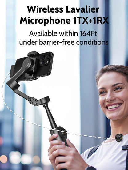 Gimbal Stabilizer for iPhone & Android,3-Axis Phone Gimbal w/Wireless Lavalier Microphone,Built-in 7.8" Extension Pole,OLED Display,Phone Stabilizer for Video Recording TikTok(V8 Mic Kit)