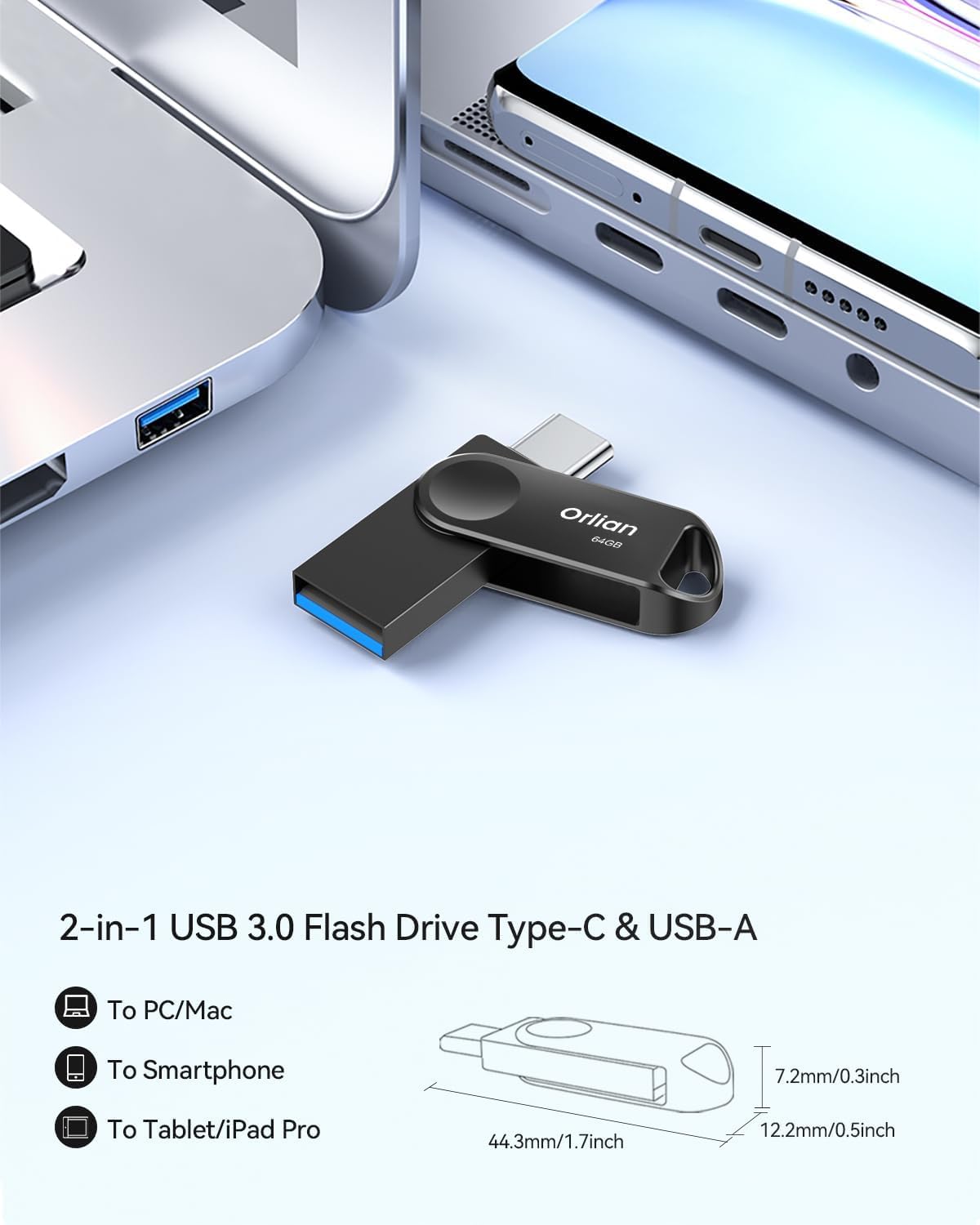 64GB USB C Flash Drive, Dual Drive USB 3.0 and Type C Thumb Drive Up to 110MB/s Read Metal Waterproof Swivel Design Portable for PC Laptop Tablet Android Smartphone iPhone 15 and More, Black