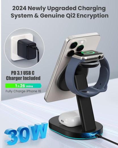 3 in 1 Wireless Charger Charging Station for iPhone,Qi2 Certified 15W Magnetic Charging Stand for Mag-Safe with 30W USB C Adapter&Friendly Night Light for iPhone 16/15/14/13/12,Apple Watch,AirPods