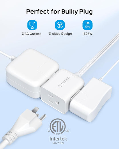 TROND Flat Extension Cord 10ft with 360° Rotating Plug, Low Profile Small Power Strip, 3 Prong Grounded Outlets Cube, 13A, SPT 16/3 AWG Cable, for Indoor Home Office Kitchen Cruise Essentials, White