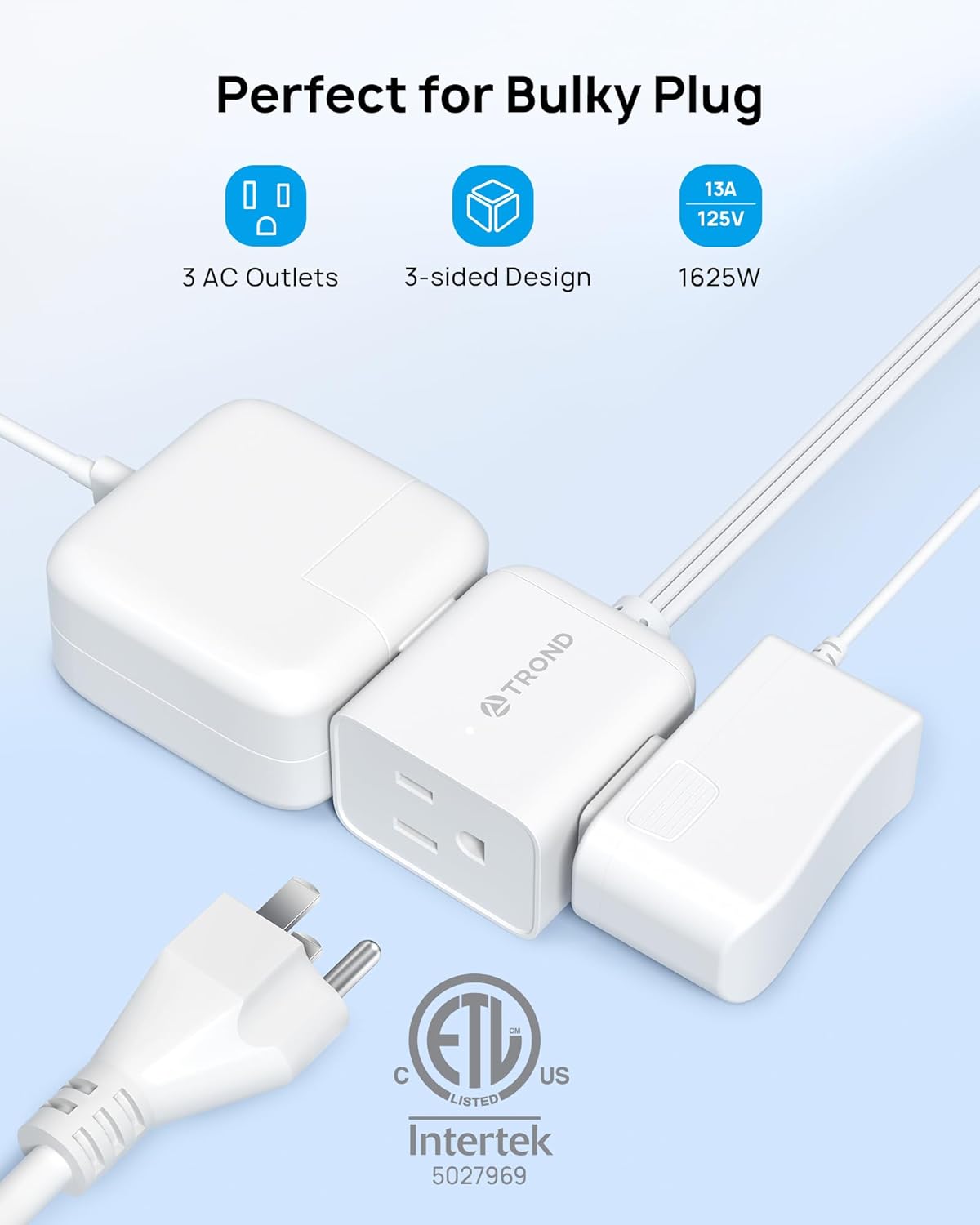 TROND Flat Extension Cord 6ft with 360° Rotating Plug, Low Profile Small Power Strip, 3 Prong Grounded Outlets Cube, 13A, SPT 16/3 Gauge Cable, for Indoor Home Office Cruise Travel Essentials, White