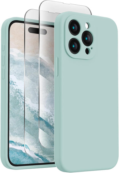 FireNova Designed for iPhone 15 Pro Case, Silicone Upgraded [Camera Protection] Phone Case with [2 Screen Protectors], Soft Anti-Scratch Microfiber Lining Inside, 6.1 inch, Mint Green