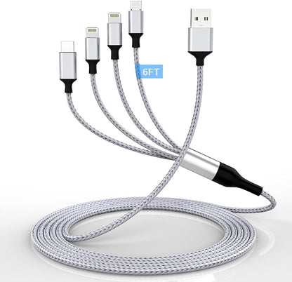 iPhone Charging Cable 1.8M/6Ft Multi 4 in 1 USB Universal Fast Charging Cord Multi Charging Cable Lightningx2+Type C+Micro USB Port Connectors Adapter for Android/Apple/iOS/Samsung/LG/Huawei/XiaoMi