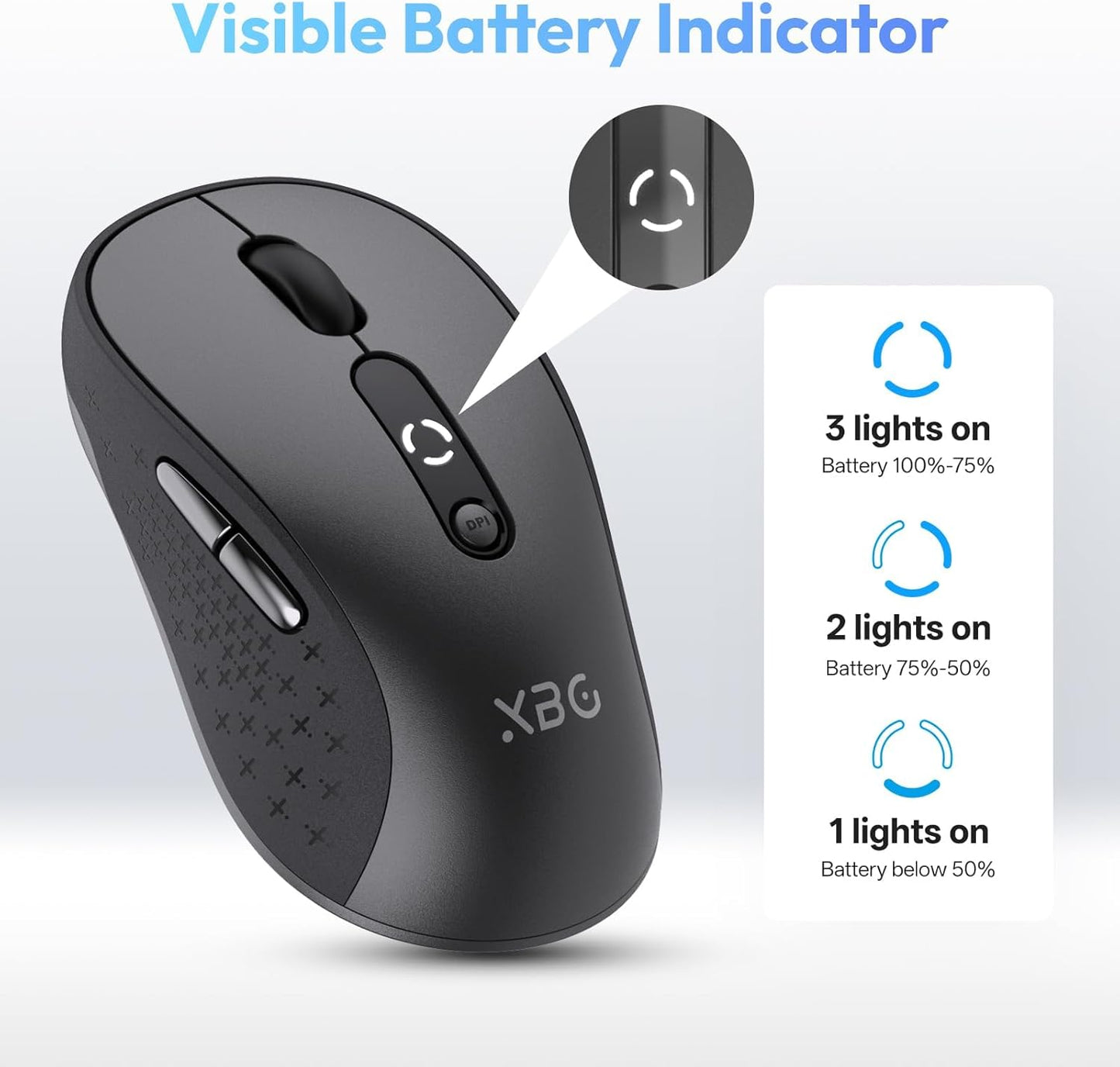 XBG B15 Tri-Mode Wireless Mouse, Bluetooth 5.0/4.0 & 2.4G, 5 Adjustable DPI, Type-C Rechargeable with 3-Level Battery Indicator, Ergonomic Silent Design for Office/Laptop/Travel