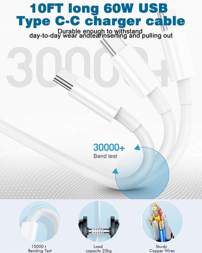 10FT Apple iPhone 16 Charger,2Pack Extra Long 10Foot Type C Cable Cord 20W USB C Charger Travel Plug Super Quick Charging for iPhone 16e/16 Pro/16 Pro Max/16 Plus/15/15 Pro/15Pro Max/iPad Mini/Air/Pro