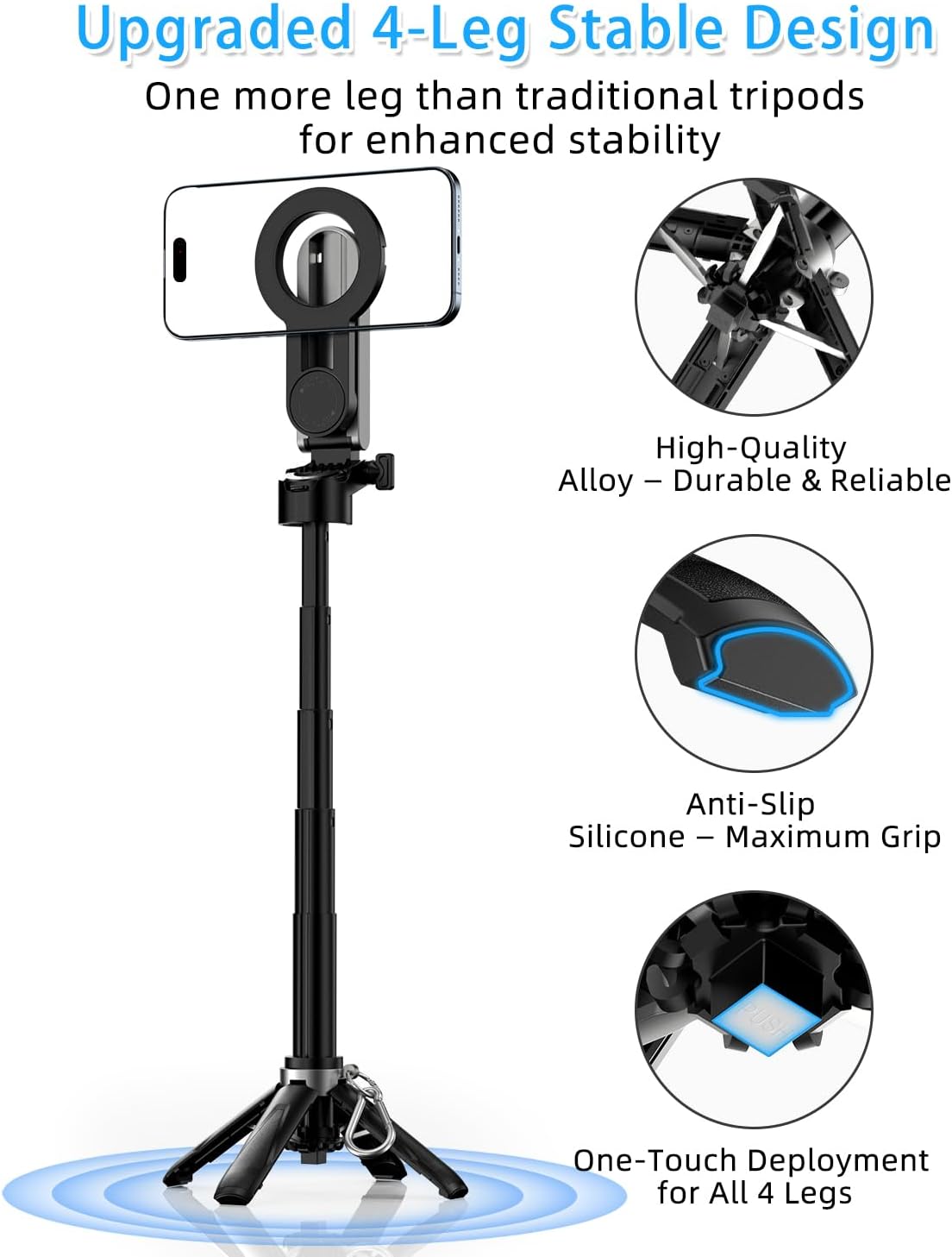 CloudValley Magnetic 4-in-1 Multifunctional Selfie Stick Tripod, Mini Portable Pocket Phone Stand with Detachable Remote, Compatible with MagSafe, for iPhone/Android, Travel Vlog, Live Stream, Black