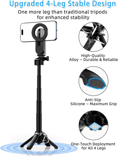 CloudValley Magnetic 4-in-1 Multifunctional Selfie Stick Tripod, Mini Portable Pocket Phone Stand with Detachable Remote, Compatible with MagSafe, for iPhone/Android, Travel Vlog, Live Stream, Black