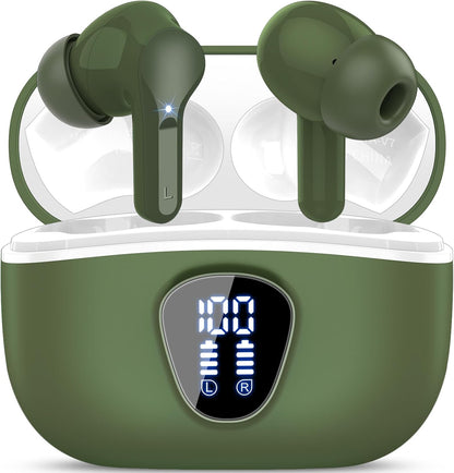 Wireless Earbuds, Bluetooth 5.4 Headphones HiFi Stereo, Bluetooth Earbuds with ENC Noise Cancelling Mic, IP7 Waterproof in Ear Earphones, 48H, LED Display Ear buds for Pad Workout Sports, Retro Green