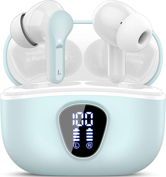 Wireless Earbuds, Bluetooth 5.4 Headphones HiFi Stereo, Bluetooth Earbuds with ENC Noise Cancelling Mic, IP7 Waterproof in Ear Earphones, 48H, LED Display Ear buds for Pad Workout Sports, Azure