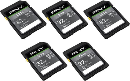PNY 32GB Elite Class 10 U1 V10 SDHC Flash Memory Card - 100MB/s Read, Class 10, U1 Full HD, UHS-I, Full Size SD (Pack of 5)