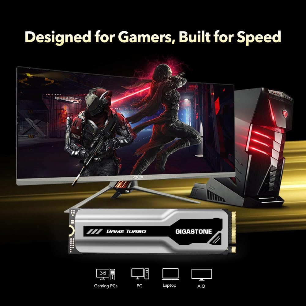 Gigastone M.2 SSD 1TB PCIe 3.0 NVMe SSD 3,400MB/s Internal Gaming Solid State Hard Drive Turbo Speed Heatsink Cooling Heat Dissipation PC Laptop Storage for Gamers Video Editing Creators