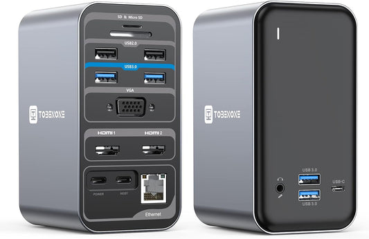 TobenONE USB C Laptop Docking Station Dual Monitor, 15-in-1 USB C Dock with Dual HDMI, 65W Power Supply, VGA, 4xUSB 3.0, 2xUSB 2.0, SD/TF, Ethernet and Audio/Mic for Lenovo, HP, Dell, Surface