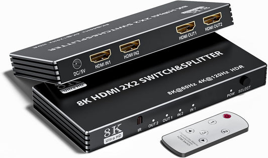 2x2 HDMI Switch Splitter, HDMI 2.1 Switcher 2 in 2 Out 8K@60Hz 4K@120Hz, w/IR Remote Control, Supports HDCP 2.3 HDR, HDR10, HDR 10+, 3D