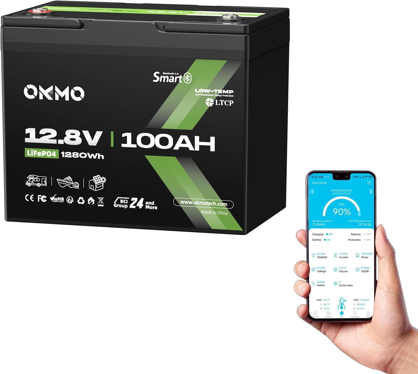 12V 100Ah LiFePO4 Battery with Bluetooth, BCI Group 24, Built-in 100A BMS, 1280Wh Rechargeable Deep Cycle Lithium Battery, 15000+ Cycles for RV, Marine, Solar, Trolling Motor, Home, Off-Grid