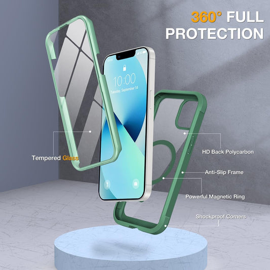 Miracase for iPhone 13 Case 6.1'', [Bubble Free] Full-Body Bumper Phone case with Built-in Full Glass Screen,No Gap,Compatible with MagSafe,Green